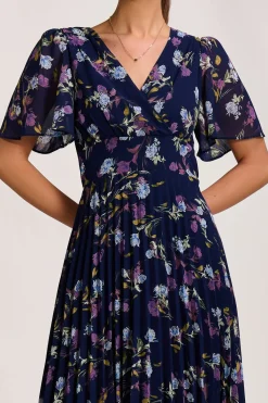 Jolie Moi Occasion Dresses|Floral Dresses-Printed Chiffon Pleated Maxi Dress, Navy Floral