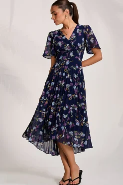Jolie Moi Occasion Dresses|Floral Dresses-Printed Chiffon Pleated Maxi Dress, Navy Floral