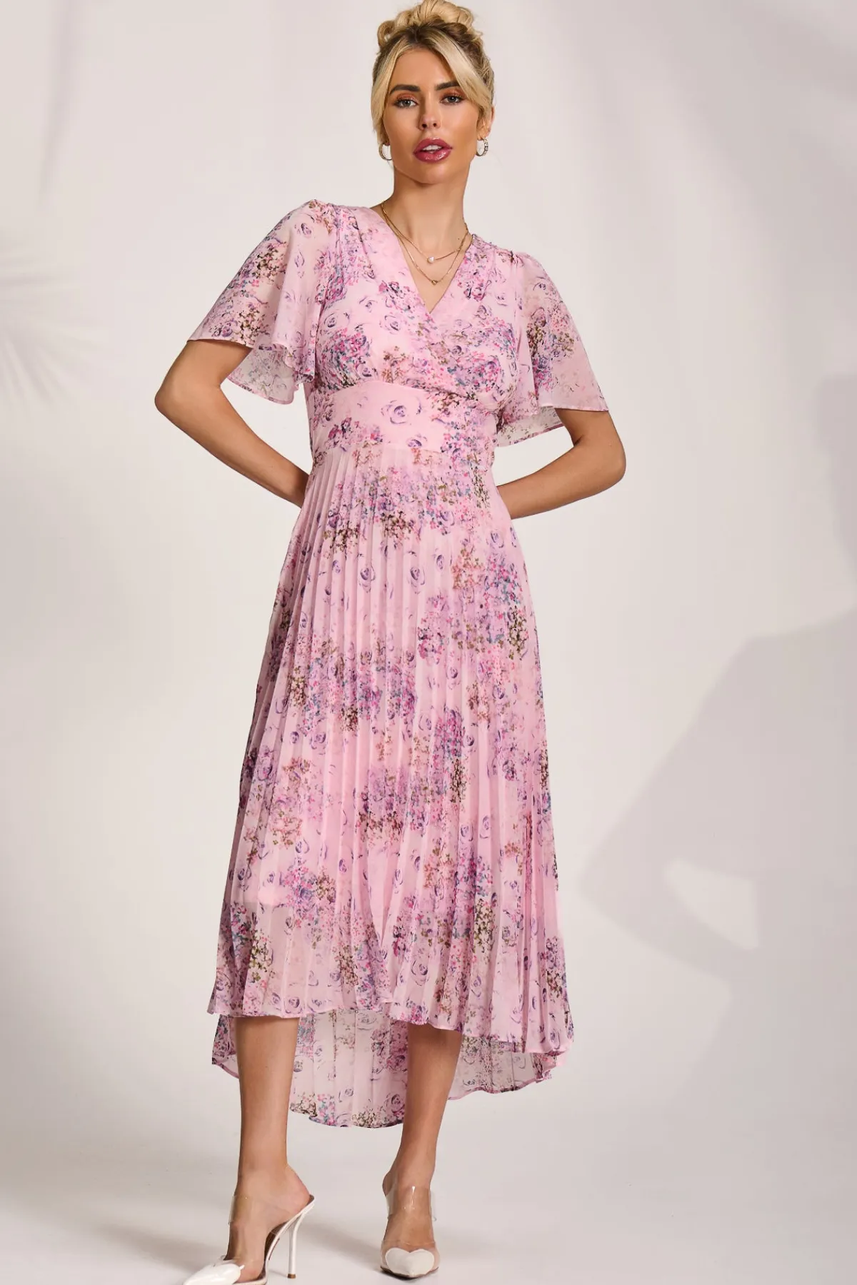Jolie Moi Occasion Dresses|Mother Of The Bride-Printed Chiffon Pleated Maxi Dress, Pink Floral