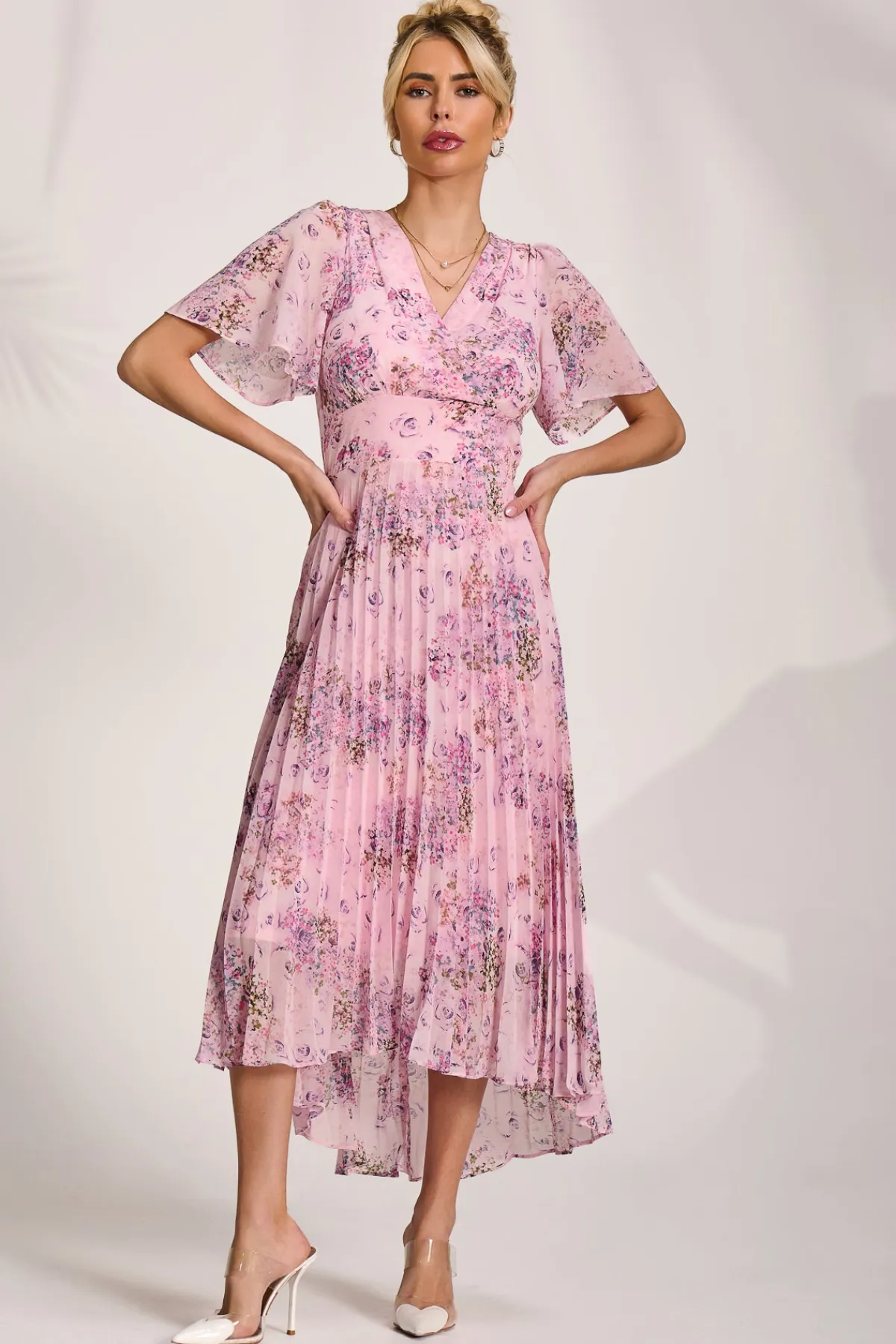 Jolie Moi Occasion Dresses|Mother Of The Bride-Printed Chiffon Pleated Maxi Dress, Pink Floral