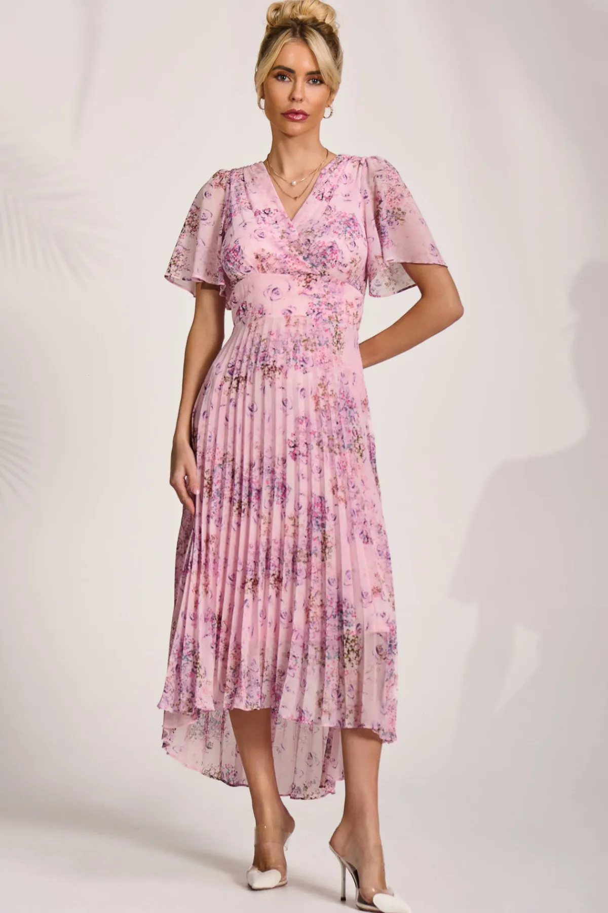 Jolie Moi Occasion Dresses|Mother Of The Bride-Printed Chiffon Pleated Maxi Dress, Pink Floral