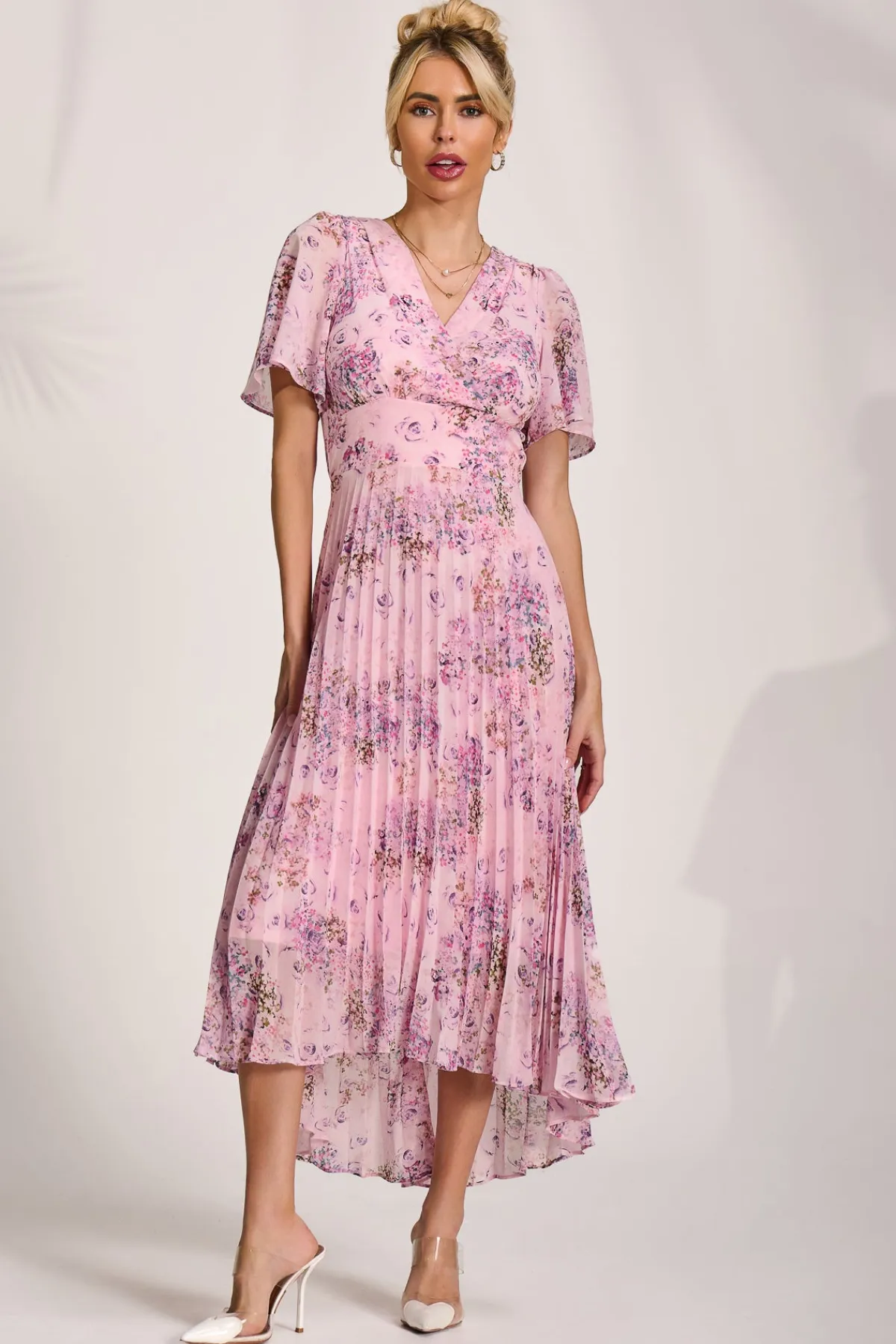 Jolie Moi Occasion Dresses|Mother Of The Bride-Printed Chiffon Pleated Maxi Dress, Pink Floral