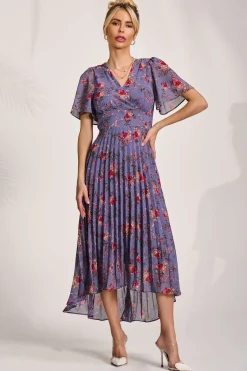 Jolie Moi Occasion Dresses|Maxi Dresses-Printed Chiffon Pleated Maxi Dress, Purple Floral