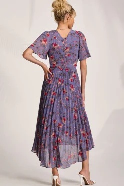 Jolie Moi Occasion Dresses|Maxi Dresses-Printed Chiffon Pleated Maxi Dress, Purple Floral