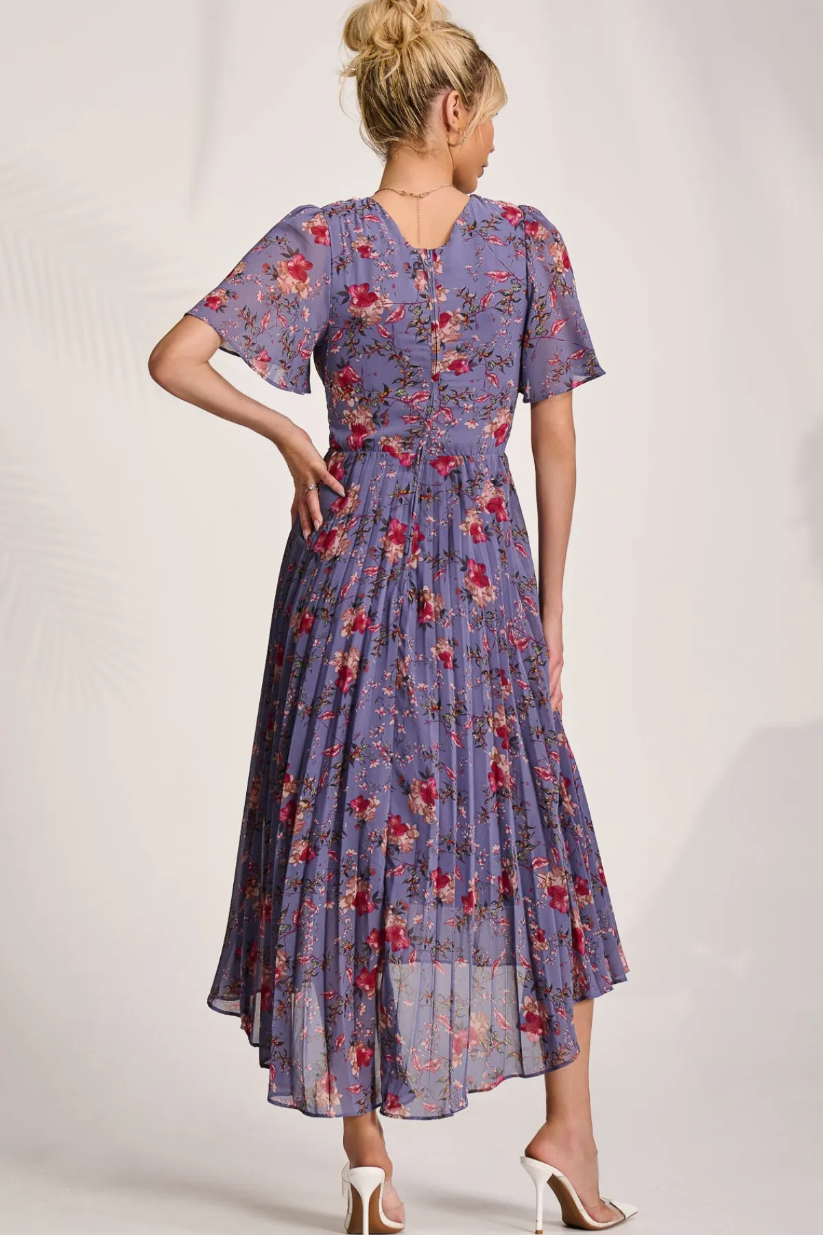 Jolie Moi Occasion Dresses|Maxi Dresses-Printed Chiffon Pleated Maxi Dress, Purple Floral