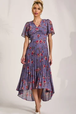 Jolie Moi Occasion Dresses|Maxi Dresses-Printed Chiffon Pleated Maxi Dress, Purple Floral