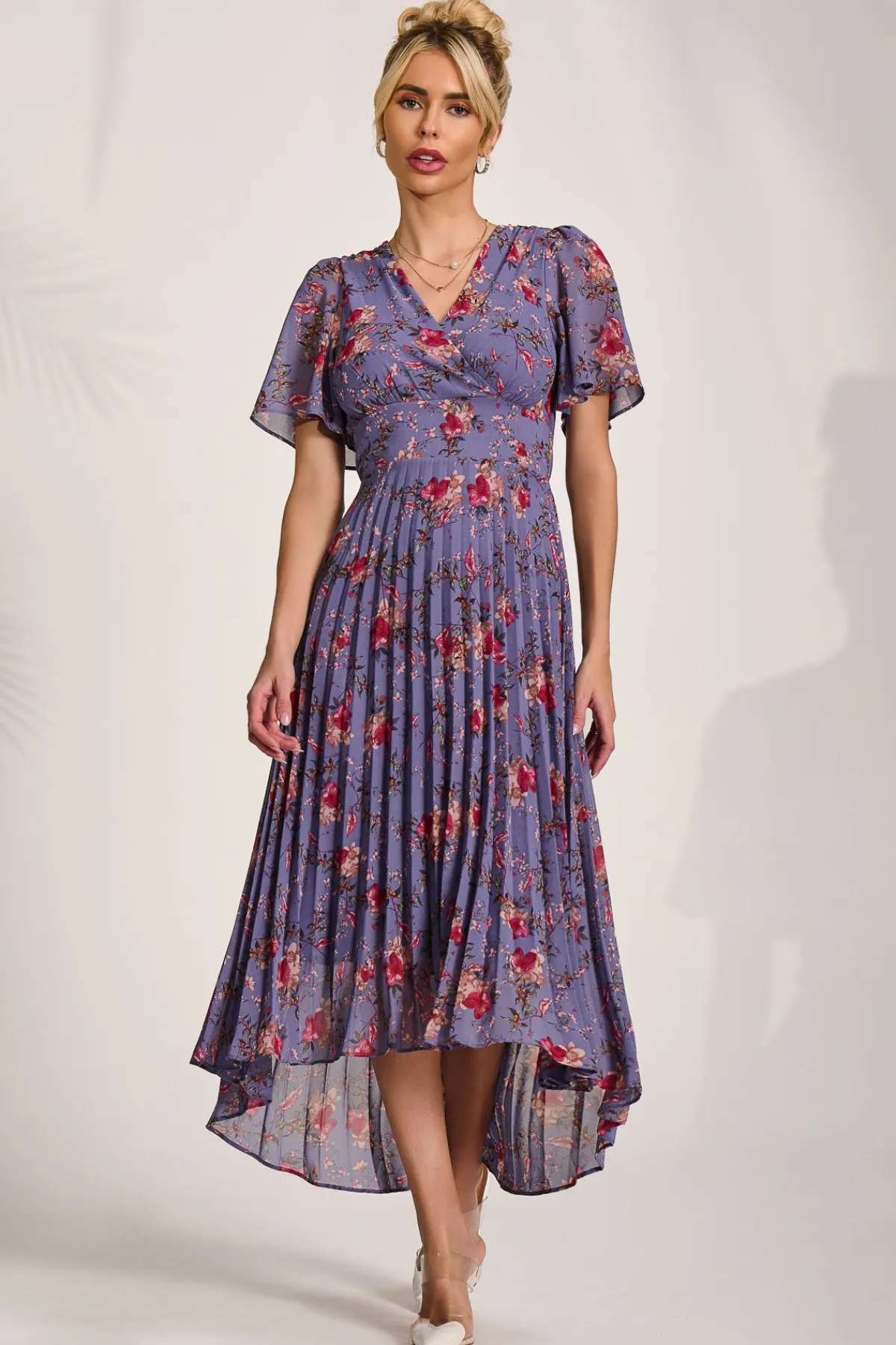 Jolie Moi Occasion Dresses|Maxi Dresses-Printed Chiffon Pleated Maxi Dress, Purple Floral