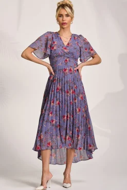 Jolie Moi Occasion Dresses|Maxi Dresses-Printed Chiffon Pleated Maxi Dress, Purple Floral