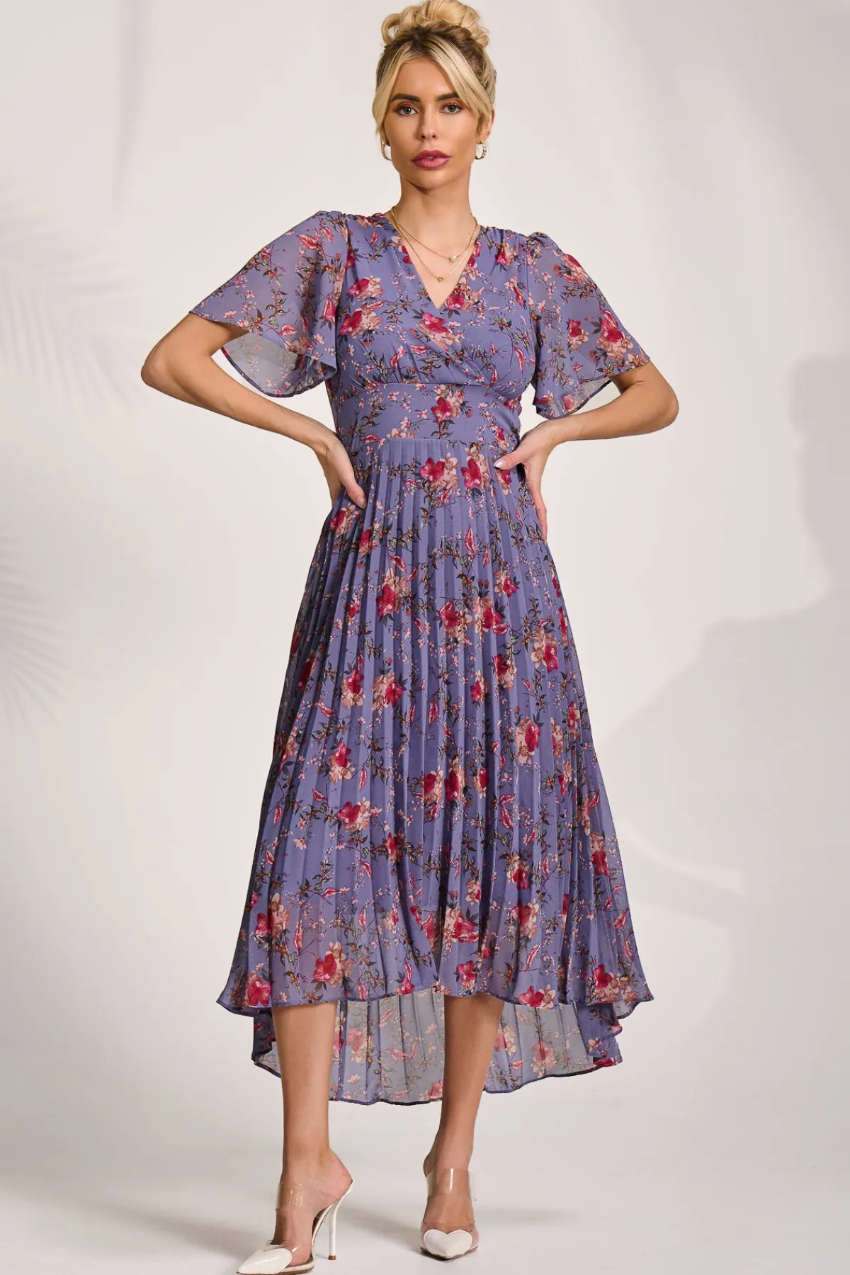 Jolie Moi Occasion Dresses|Maxi Dresses-Printed Chiffon Pleated Maxi Dress, Purple Floral