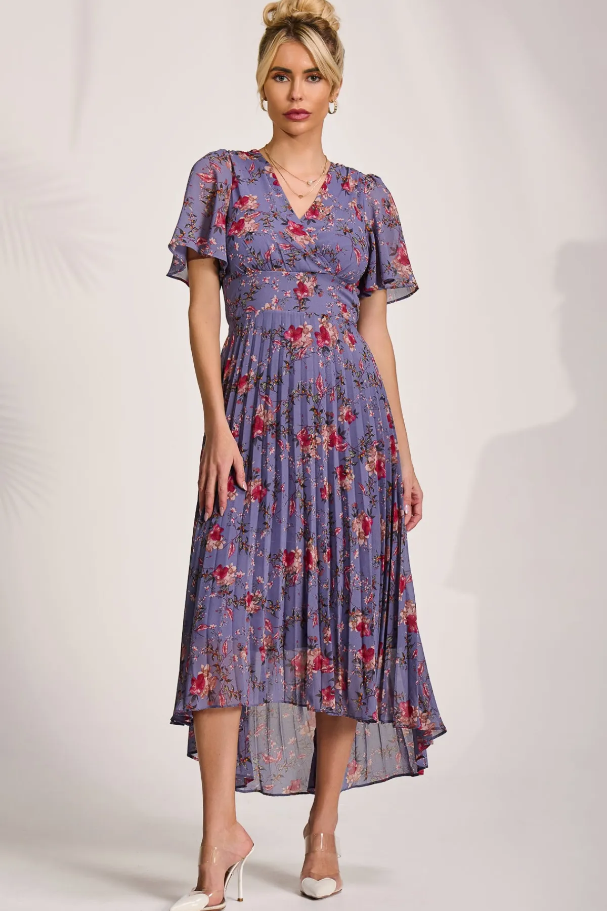 Jolie Moi Occasion Dresses|Maxi Dresses-Printed Chiffon Pleated Maxi Dress, Purple Floral