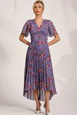 Jolie Moi Occasion Dresses|Maxi Dresses-Printed Chiffon Pleated Maxi Dress, Purple Floral