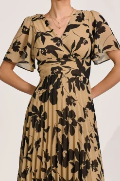 Jolie Moi Occasion Dresses|Party Dresses-Printed Chiffon Pleated Maxi Dress, Stone/Black