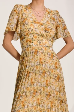 Jolie Moi Occasion Dresses|Floral Dresses-Printed Chiffon Pleated Maxi Dress, Yellow Floral
