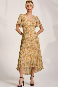 Jolie Moi Occasion Dresses|Floral Dresses-Printed Chiffon Pleated Maxi Dress, Yellow Floral