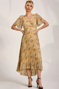 Jolie Moi Occasion Dresses|Floral Dresses-Printed Chiffon Pleated Maxi Dress, Yellow Floral