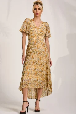 Jolie Moi Occasion Dresses|Floral Dresses-Printed Chiffon Pleated Maxi Dress, Yellow Floral