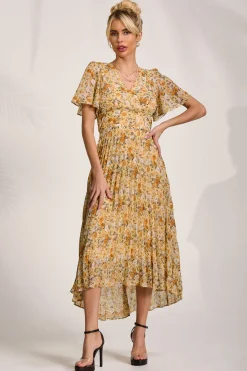 Jolie Moi Occasion Dresses|Floral Dresses-Printed Chiffon Pleated Maxi Dress, Yellow Floral
