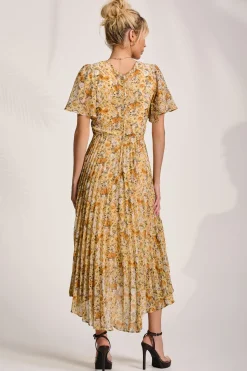 Jolie Moi Occasion Dresses|Floral Dresses-Printed Chiffon Pleated Maxi Dress, Yellow Floral