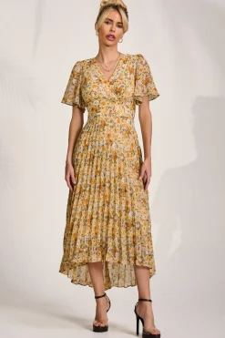 Jolie Moi Occasion Dresses|Floral Dresses-Printed Chiffon Pleated Maxi Dress, Yellow Floral
