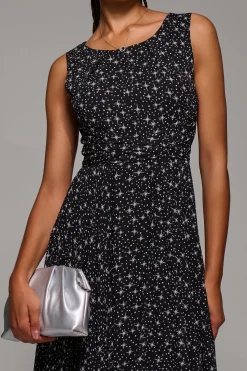 Jolie Moi Occasion Dresses|Sleeveless Dresses-Printed Fit & Flare Dress, Black Star