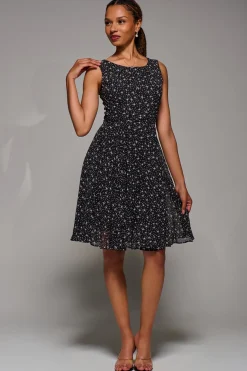 Jolie Moi Occasion Dresses|Sleeveless Dresses-Printed Fit & Flare Dress, Black Star