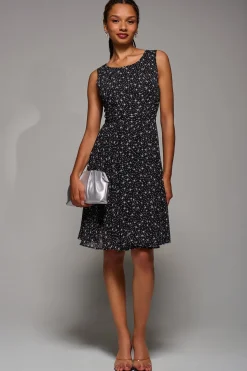 Jolie Moi Occasion Dresses|Sleeveless Dresses-Printed Fit & Flare Dress, Black Star