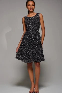 Jolie Moi Occasion Dresses|Sleeveless Dresses-Printed Fit & Flare Dress, Black Star
