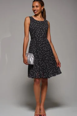Jolie Moi Occasion Dresses|Sleeveless Dresses-Printed Fit & Flare Dress, Black Star