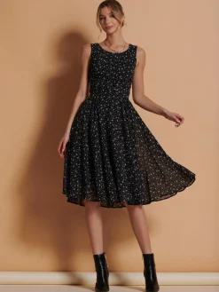 Jolie Moi Occasion Dresses|Sleeveless Dresses-Printed Fit & Flare Dress, Black Star