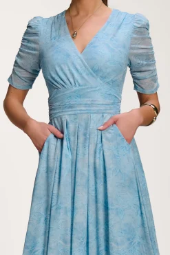Jolie Moi Occasion Dresses|Mesh Dresses-Printed Mesh Dip Hem Maxi Dress, Blue Abstract