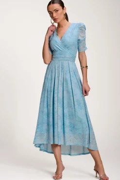 Jolie Moi Occasion Dresses|Mesh Dresses-Printed Mesh Dip Hem Maxi Dress, Blue Abstract