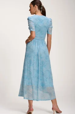 Jolie Moi Occasion Dresses|Mesh Dresses-Printed Mesh Dip Hem Maxi Dress, Blue Abstract