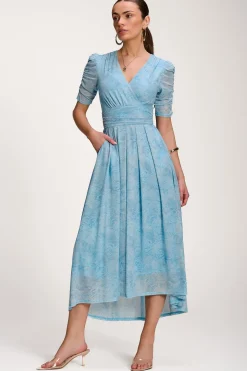 Jolie Moi Occasion Dresses|Mesh Dresses-Printed Mesh Dip Hem Maxi Dress, Blue Abstract