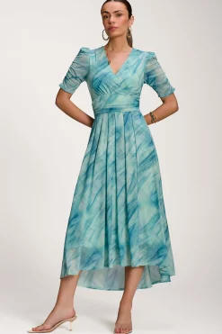 Jolie Moi Occasion Dresses|Mesh Dresses-Printed Mesh Dip Hem Maxi Dress, Green Abstract
