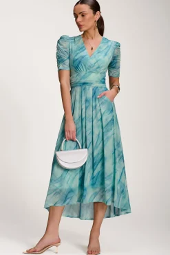 Jolie Moi Occasion Dresses|Mesh Dresses-Printed Mesh Dip Hem Maxi Dress, Green Abstract