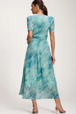 Jolie Moi Occasion Dresses|Mesh Dresses-Printed Mesh Dip Hem Maxi Dress, Green Abstract