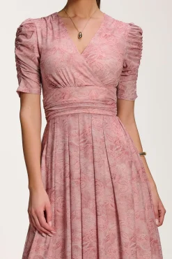 Jolie Moi Occasion Dresses|Mesh Dresses-Printed Mesh Dip Hem Maxi Dress, Pink Abstract