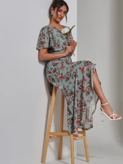 Jolie Moi Occasion Dresses|Floral Dresses-Printed Mesh Frill Dip Hem Dress, Green Floral