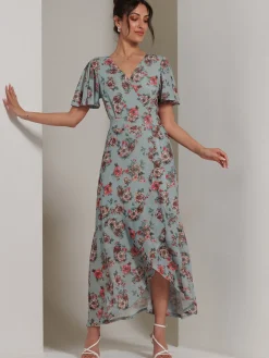 Jolie Moi Occasion Dresses|Floral Dresses-Printed Mesh Frill Dip Hem Dress, Green Floral