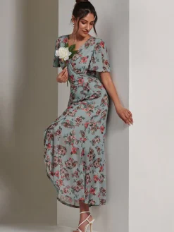 Jolie Moi Occasion Dresses|Floral Dresses-Printed Mesh Frill Dip Hem Dress, Green Floral