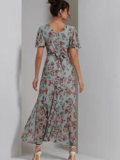 Jolie Moi Occasion Dresses|Floral Dresses-Printed Mesh Frill Dip Hem Dress, Green Floral