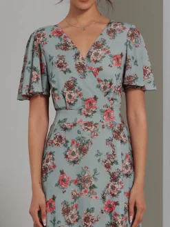 Jolie Moi Occasion Dresses|Floral Dresses-Printed Mesh Frill Dip Hem Dress, Green Floral