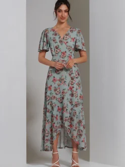 Jolie Moi Occasion Dresses|Floral Dresses-Printed Mesh Frill Dip Hem Dress, Green Floral
