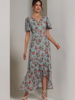Jolie Moi Occasion Dresses|Floral Dresses-Printed Mesh Frill Dip Hem Dress, Green Floral