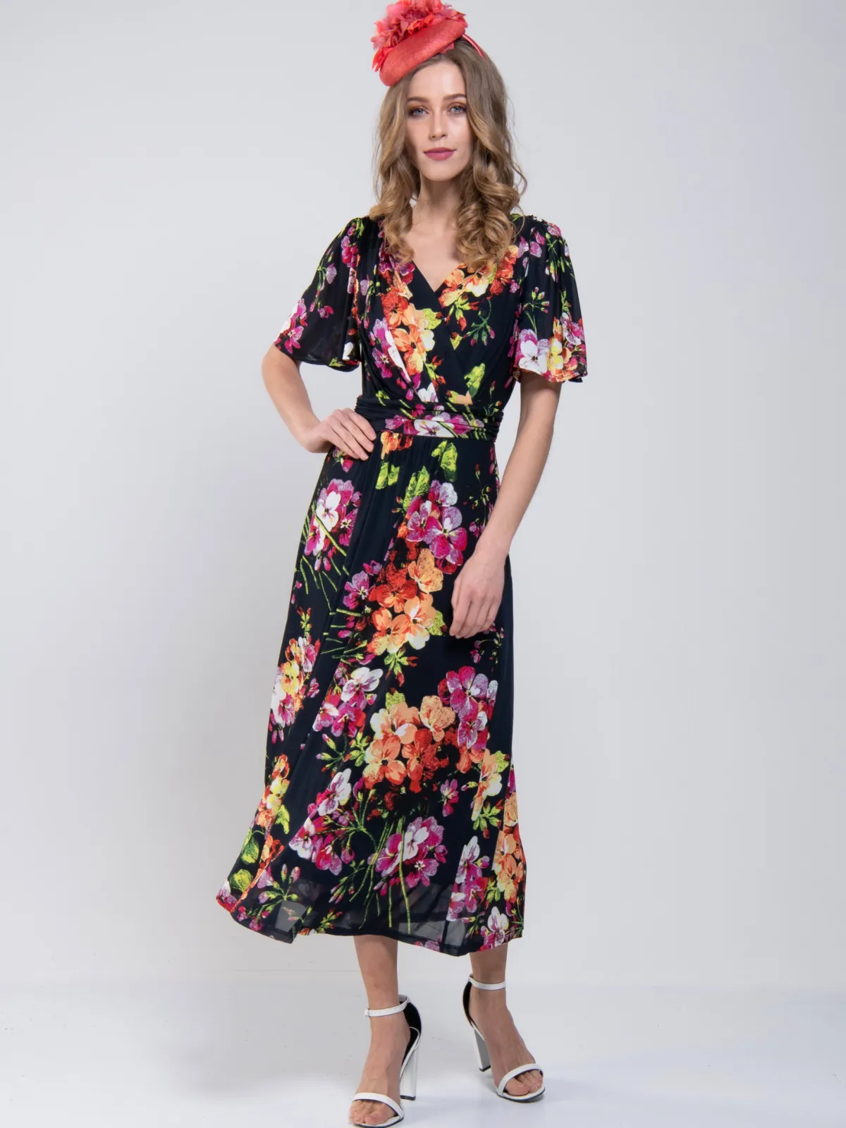 Jolie Moi Occasion Dresses|Mother Of The Bride-Printed Mesh Long Midi Dress, Navy Floral