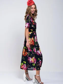 Jolie Moi Occasion Dresses|Mother Of The Bride-Printed Mesh Long Midi Dress, Navy Floral