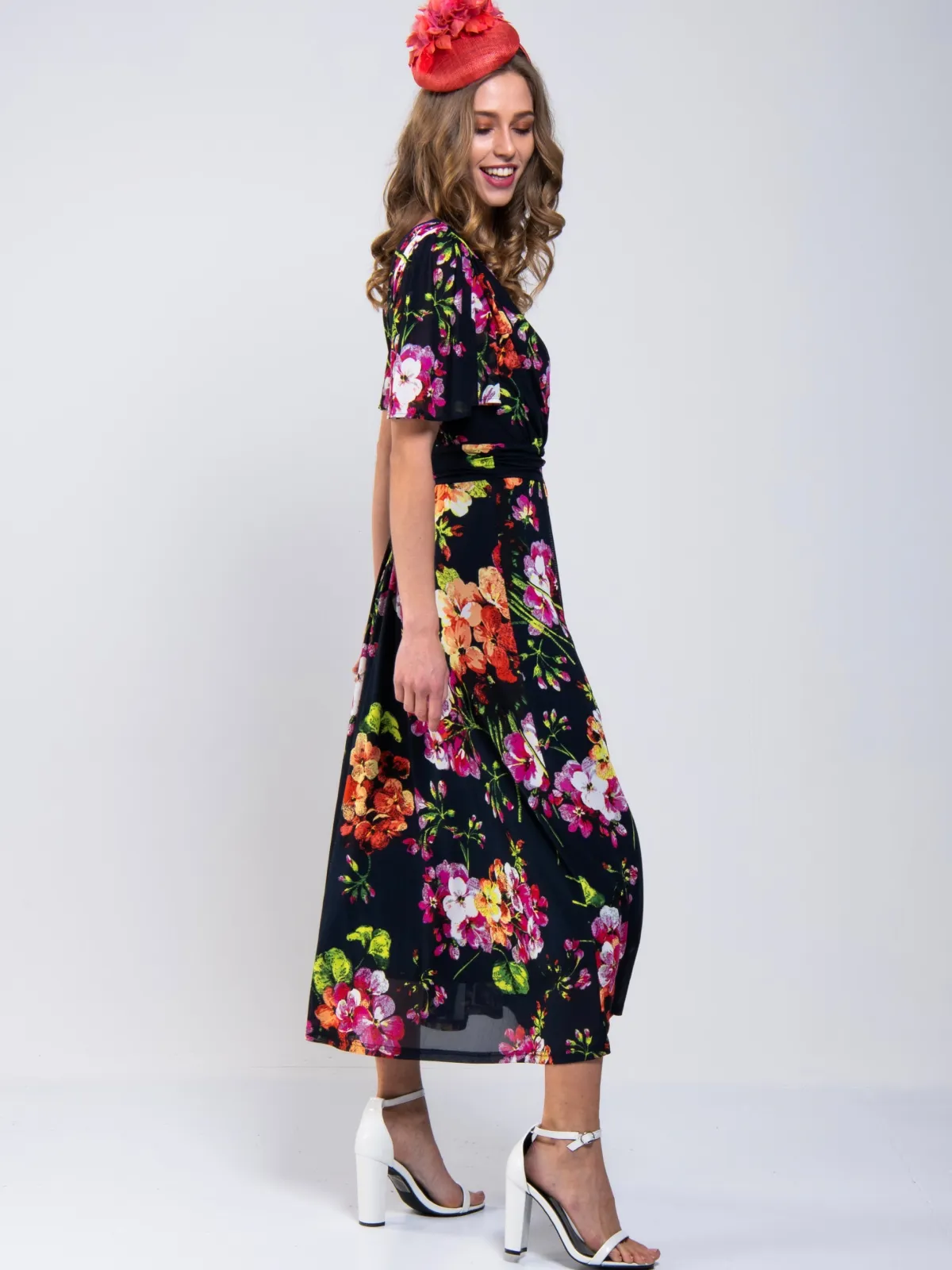 Jolie Moi Occasion Dresses|Mother Of The Bride-Printed Mesh Long Midi Dress, Navy Floral