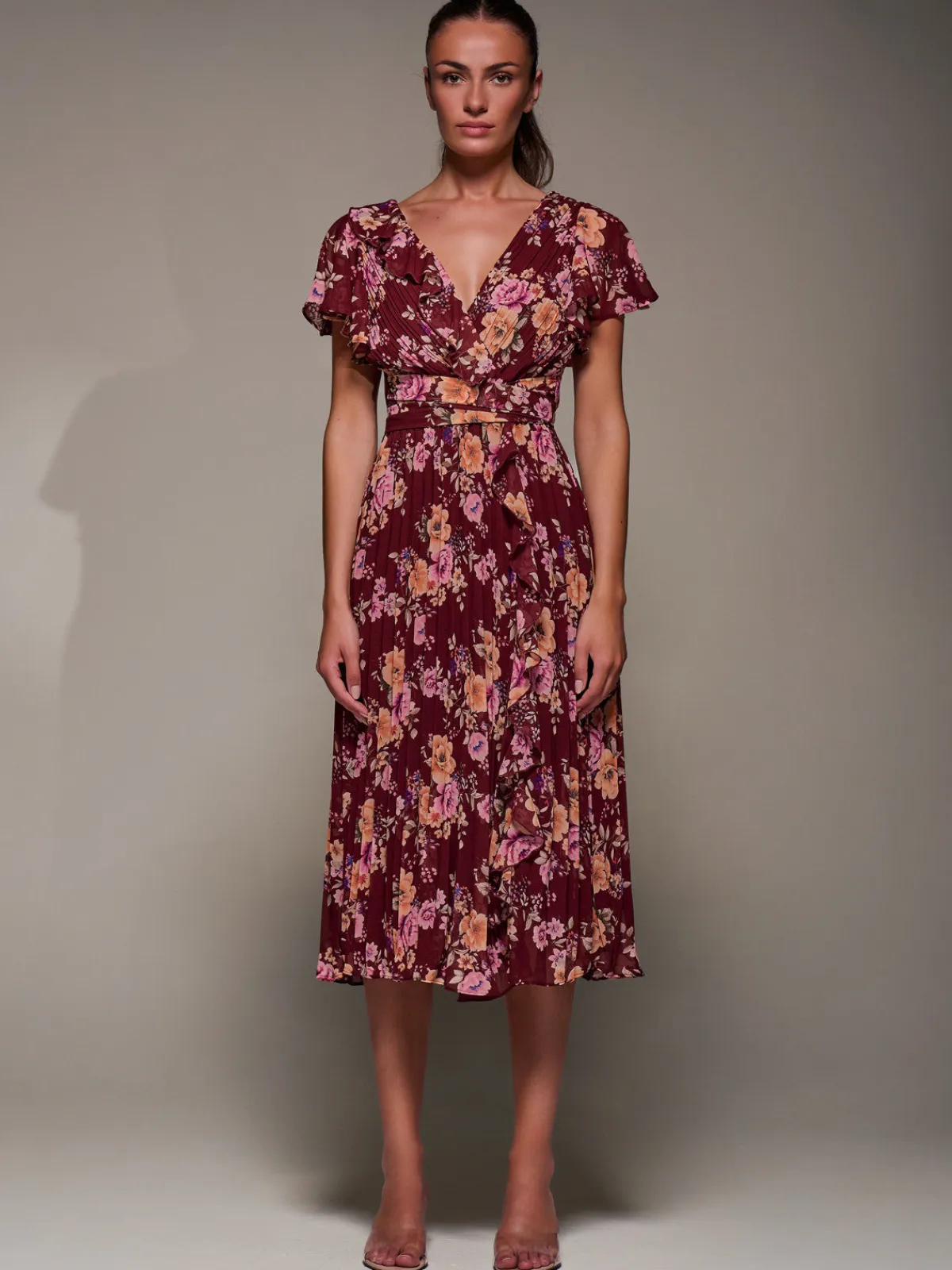 Jolie Moi Occasion Dresses|Floral Dresses-Printed Ruffle Detail Pleated Chiffon Midi, Burgundy Floral