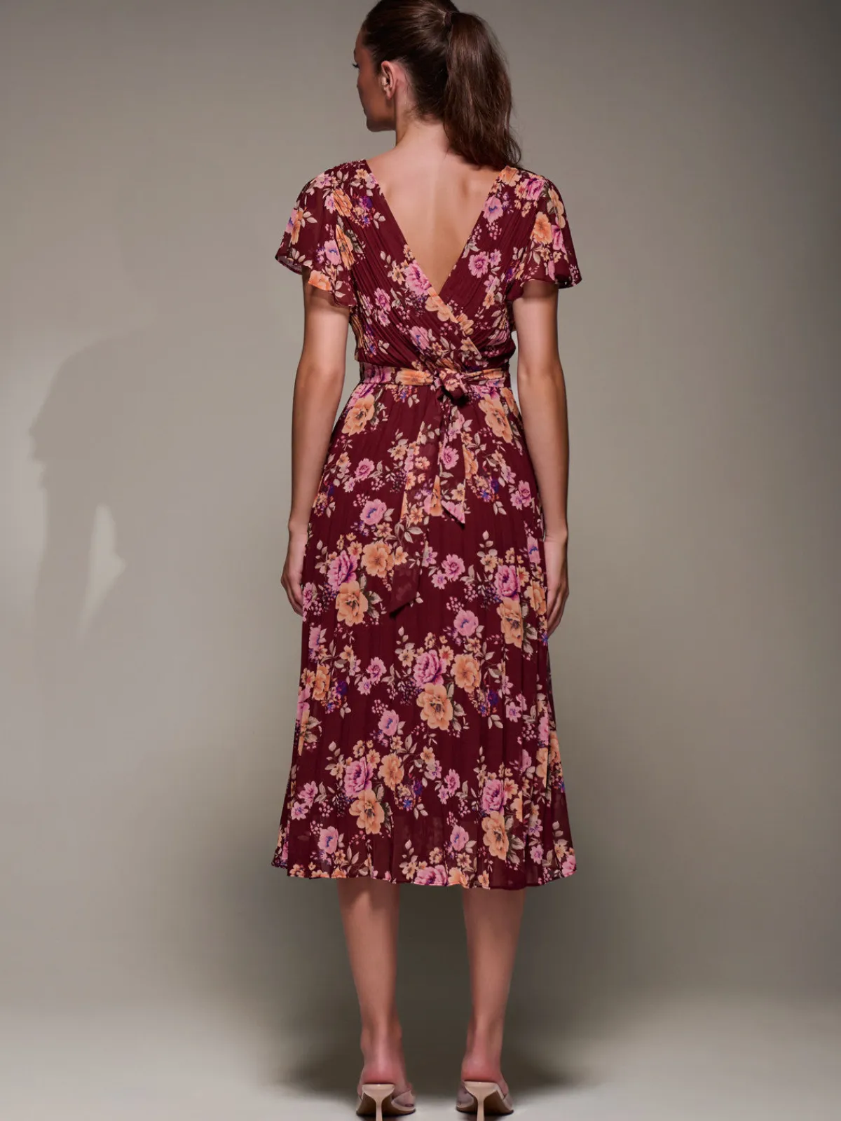 Jolie Moi Occasion Dresses|Floral Dresses-Printed Ruffle Detail Pleated Chiffon Midi, Burgundy Floral