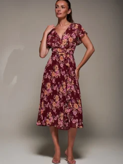 Jolie Moi Occasion Dresses|Floral Dresses-Printed Ruffle Detail Pleated Chiffon Midi, Burgundy Floral
